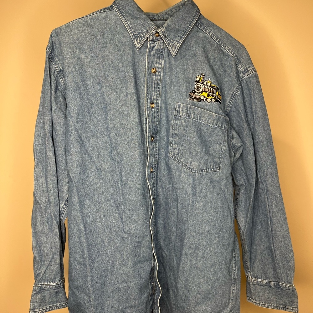 Rivers End Trading Co. Train Embroidered Denim button down